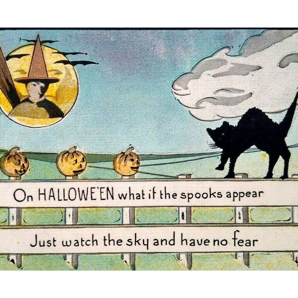 Halloween Postcard Metropolitan News 412 Black Cat On Fence Non Posted Vintage